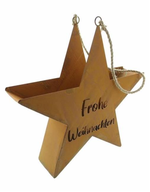 Preview: Outdoor Kerzenhalter "Stern" mit Schriftzug "Frohe Weihnachten" aus Metall mit Rost Finish, 45 cm hoch, Kerzenständer, Weihnachtsdeko, Gartendeko