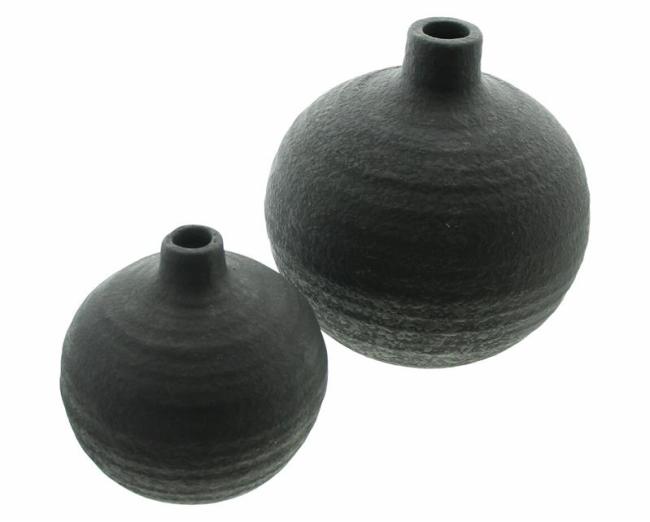 Preview: 2 Vasen "Noir" aus Zement in schwarz, Kugelform, Kugelvase, Betonvase, Vasenset
