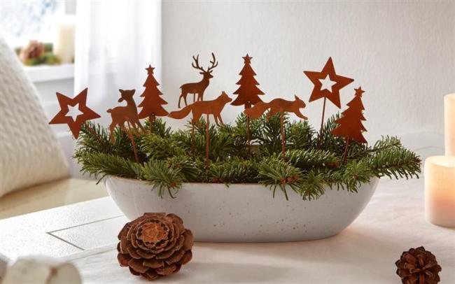 Preview: 9 Dekostecker "Winterwald" aus Metall in Rost Optik, Stecker für Adventskranz, Gesteck & Blumentopf, Blumenstecker, Metallstecker