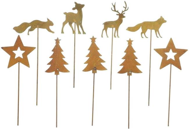 Preview: 9 Dekostecker "Winterwald" aus Metall in Rost Optik, Stecker für Adventskranz, Gesteck & Blumentopf, Blumenstecker, Metallstecker