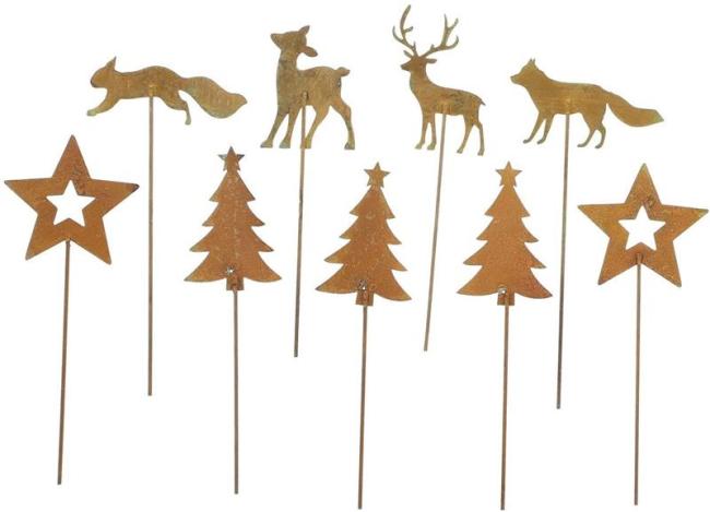 Preview: 9 Dekostecker "Winterwald" aus Metall in Rost Optik, Stecker für Adventskranz, Gesteck & Blumentopf, Blumenstecker, Metallstecker
