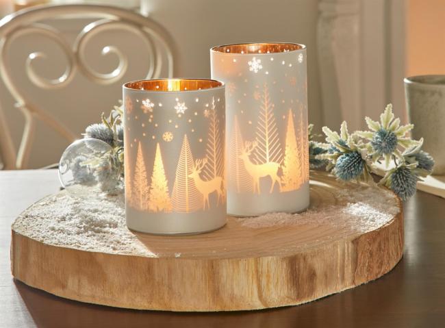 2x Windlicht "Winterlandschaft" aus Glas, weiß / silber, 12 + 15 cm hoch, Glaswindlicht, Teelichtgläser, Winterdeko, Deko Wohnzimmer