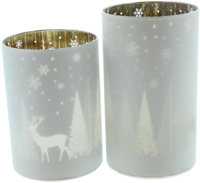 Preview: 2x Windlicht "Winterlandschaft" aus Glas, weiß / silber, 12 + 15 cm hoch, Glaswindlicht, Teelichtgläser, Winterdeko, Deko Wohnzimmer