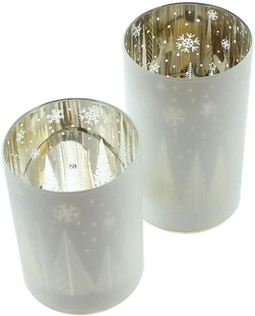 Preview: 2x Windlicht "Winterlandschaft" aus Glas, weiß / silber, 12 + 15 cm hoch, Glaswindlicht, Teelichtgläser, Winterdeko, Deko Wohnzimmer