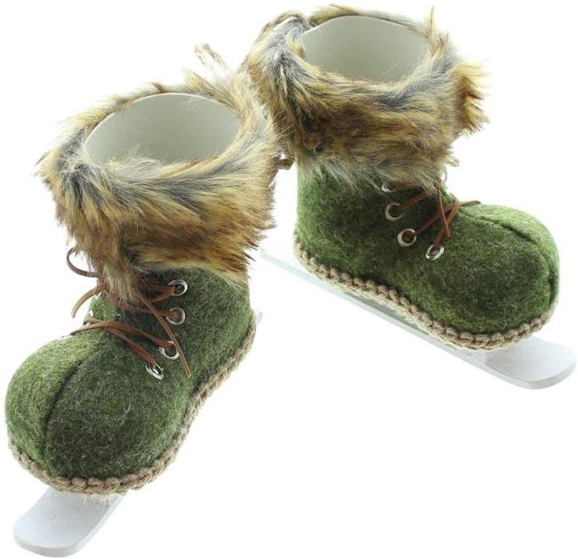 Preview: Paar Deko Schlittschuhe aus Filz, grün, mit Kunstfell, Winterdeko, Dekofigur