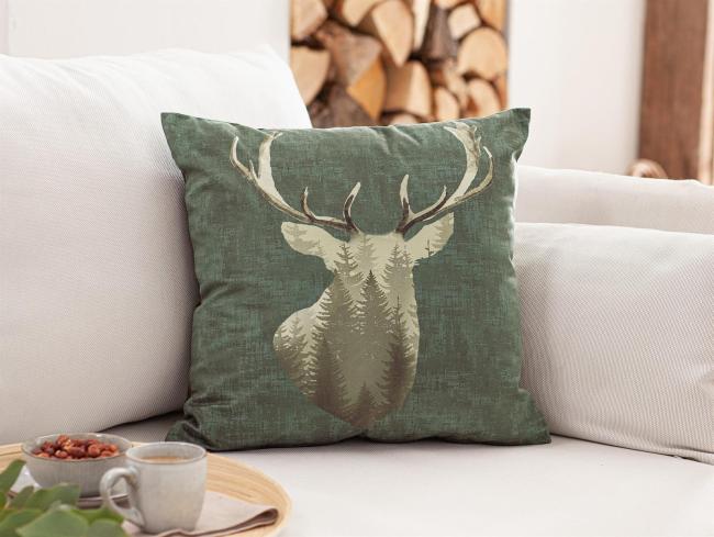 Kissenhülle "Waldhirsch", 45x45 cm, grün in Samt Optik, Kissenbezug mit Hirsch Motiv, Zierkissenbezug