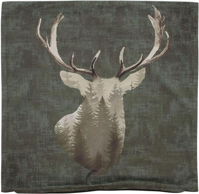 Preview: Kissenhülle "Waldhirsch", 45x45 cm, grün in Samt Optik, Kissenbezug mit Hirsch Motiv, Zierkissenbezug