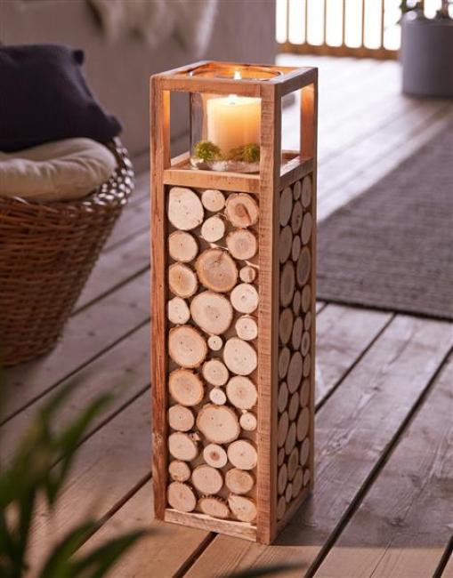 Preview: Holz Windlichtsäule "Holzscheiben" 58 cm hoch, Bodenwindlicht, Dekosäule mit Windlicht, Kerzenständer, Holzsäule