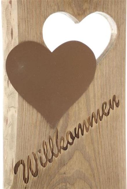 Dekosäule "Willkommen" aus Holz, 80 cm hoch, 2 Metall-Herzen in Rost Optik, Holzsäule