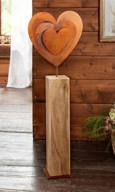 Dekosäule "Rostherz" aus Holz, 72 cm hoch, großes Metall-Herz mit Echt Rost, Holzsäule