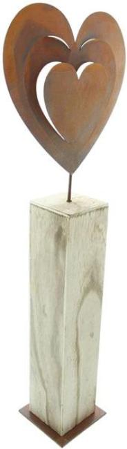 Preview: Dekosäule "Rostherz" aus Holz, 72 cm hoch, großes Metall-Herz mit Echt Rost, Holzsäule