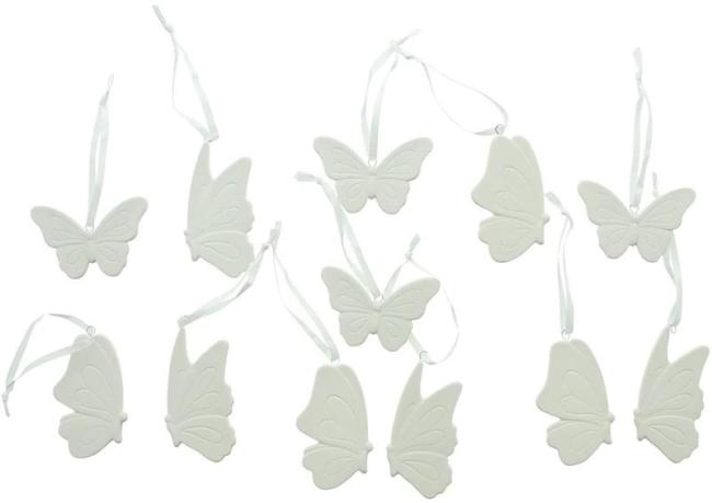 Preview: 12 Dekohänger "Schmetterling" aus Porzellan, weiß, 9 cm hoch, Schmetterlingsflügel zum hinhängen, Fensterdeko