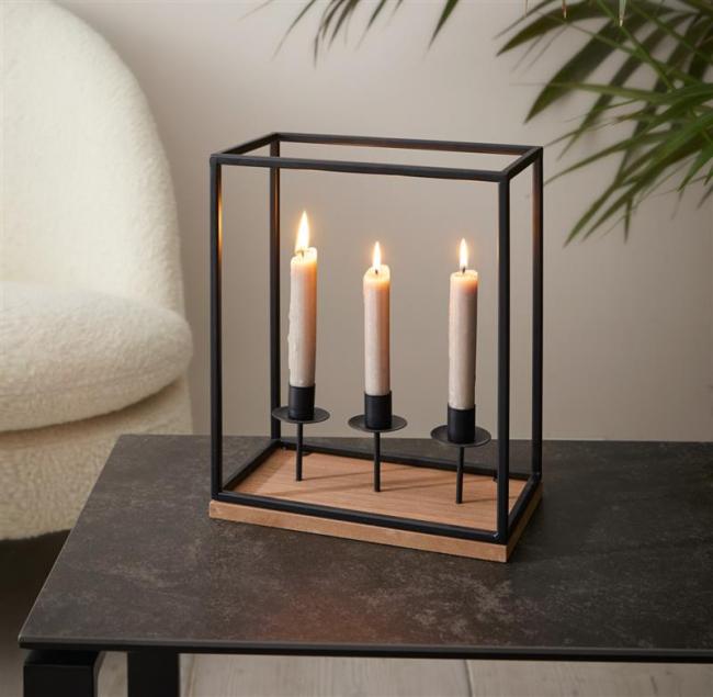 Preview: Kerzenhalter "Square" aus Metall & Holz im industrial Design für 3 Stabkerzen, Kerzenständer