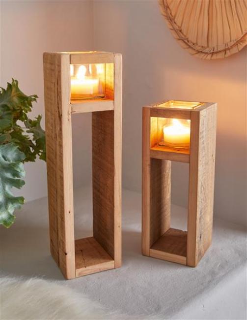 Preview: 2x Windlichtsäule "Wood" aus Holz & Glas, 30 + 40 cm hoch, Kerzenhalter, Kerzenständer, Dekosäule für Wohnzimmer, Holzsäule mit Kerzenglas