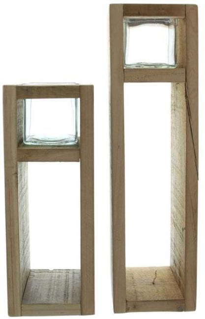 Preview: 2x Windlichtsäule "Wood" aus Holz & Glas, 30 + 40 cm hoch, Kerzenhalter, Kerzenständer, Dekosäule für Wohnzimmer, Holzsäule mit Kerzenglas