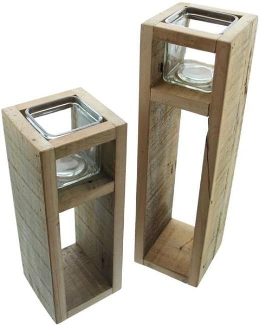 Preview: 2x Windlichtsäule "Wood" aus Holz & Glas, 30 + 40 cm hoch, Kerzenhalter, Kerzenständer, Dekosäule für Wohnzimmer, Holzsäule mit Kerzenglas