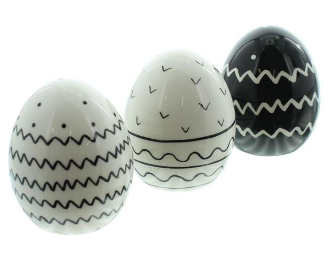 3er Set Ostereier "Style" aus Porzellan, weiß / schwarz, Osterdeko, Dekofigur, Dekoeier