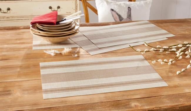 4x Platzmatte beige / braun gestreift in Leinen-Optik, abwischbar, Platzset, Tischset