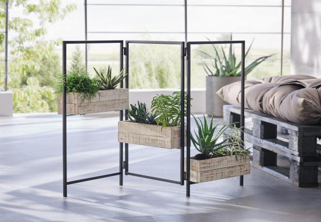 Pflanz-Paravent "Industrial" aus Metall mit 3 Pflanzkästen aus Holz, Raumteiler mit Blumenkasten, weiß, Pflanzgefäß