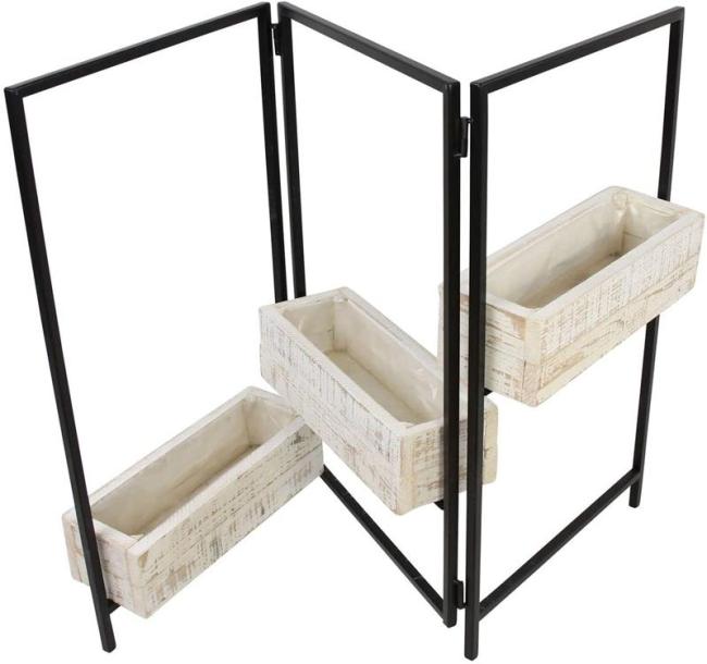 Pflanz-Paravent "Industrial" aus Metall mit 3 Pflanzkästen aus Holz, Raumteiler mit Blumenkasten, weiß, Pflanzgefäß