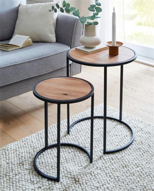 Preview: 2x Beistelltisch rund aus Metall & Holz, 40 + 50 cm hoch, Blumentisch, Satztische