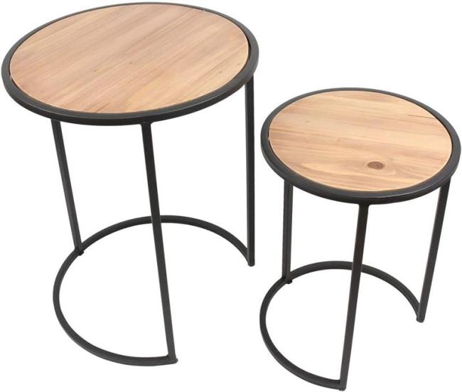 Preview: 2x Beistelltisch rund aus Metall & Holz, 40 + 50 cm hoch, Blumentisch, Satztische
