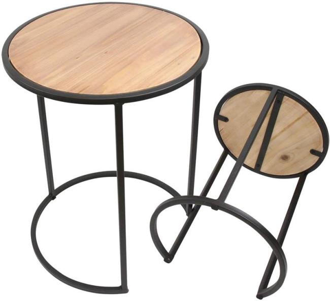 Preview: 2x Beistelltisch rund aus Metall & Holz, 40 + 50 cm hoch, Blumentisch, Satztische