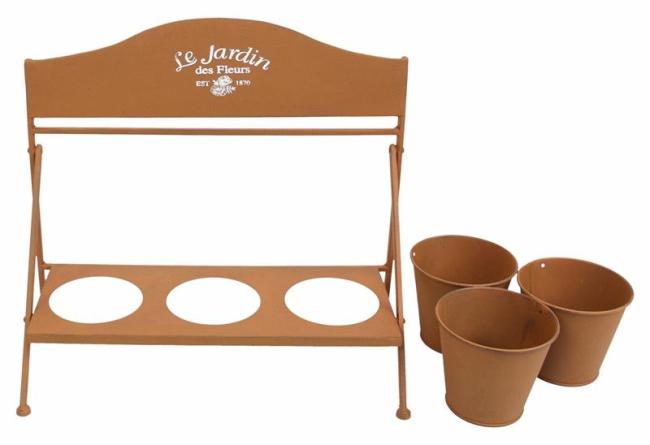 3x Blumentopf "Fleurs" + Halter aus Metall in Rost Optik, Pflanztopf Set, Pflanzgefäß, Gartendeko für Draußen
