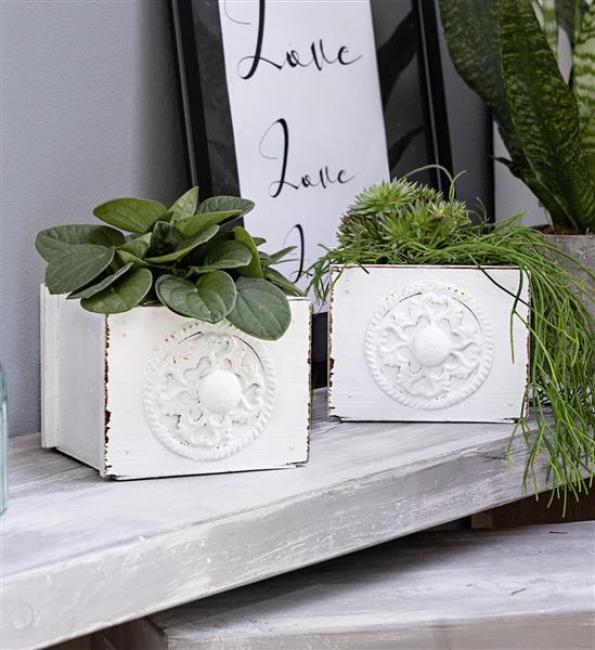 Preview: 2x Pflanzkasten "Schublade" weiß, im Shabby Look, Übertopf, Blumenkasten für Drinnen, Pflanzgefäß
