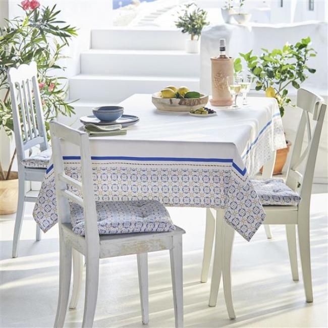 Preview: Tafeldecke "Santorin" weiß / blau / beige, 140 x 240 cm, 100% Baumwolle Tischdecke, Tischtuch