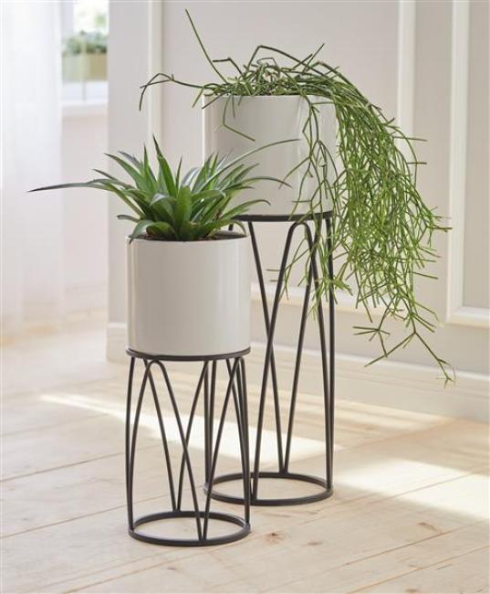 Preview: 2x Übertopf "Retro" mit Metallgestell, schwarz und Pflanztopf in creme, Pflanzgefäß, Blumentopf, Pflanzkübel, Blumentopfständer
