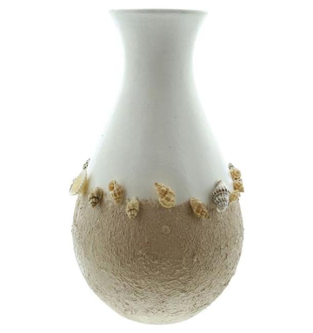 Dekovase "Muscheln" Ø 14x24 cm groß, weiß / beige, mit Muscheln verziert, Vase für Trockenblumen
