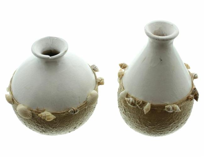 Preview: 2x Dekovase "Muscheln" klein 8 + 11 cm hoch, weiß / beige, Minivasen mit Muscheln verziert, Vase für Trockenblumen