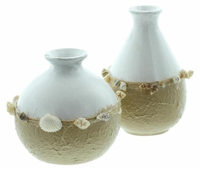Preview: 2x Dekovase "Muscheln" klein 8 + 11 cm hoch, weiß / beige, Minivasen mit Muscheln verziert, Vase für Trockenblumen