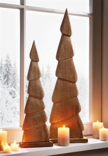 Preview: 2x Dekofigur Tannenbaum "Schlank" aus Mango Holz, 60 + 80 cm hoch, Weihnachtsdeko
