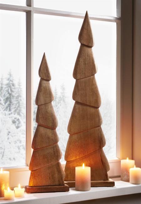 2x Dekofigur Tannenbaum "Schlank" aus Mango Holz, 60 + 80 cm hoch, Weihnachtsdeko