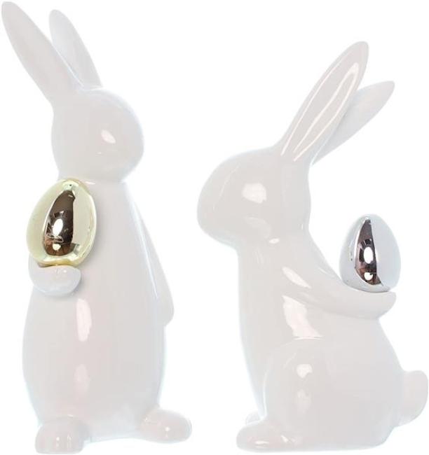 Preview: 2x Osterhase "Classical" aus Porzellan, weiß mit Osterei in gold & silber, Hasen 20 + 23 cm hoch, Dekofigur, Dekohase