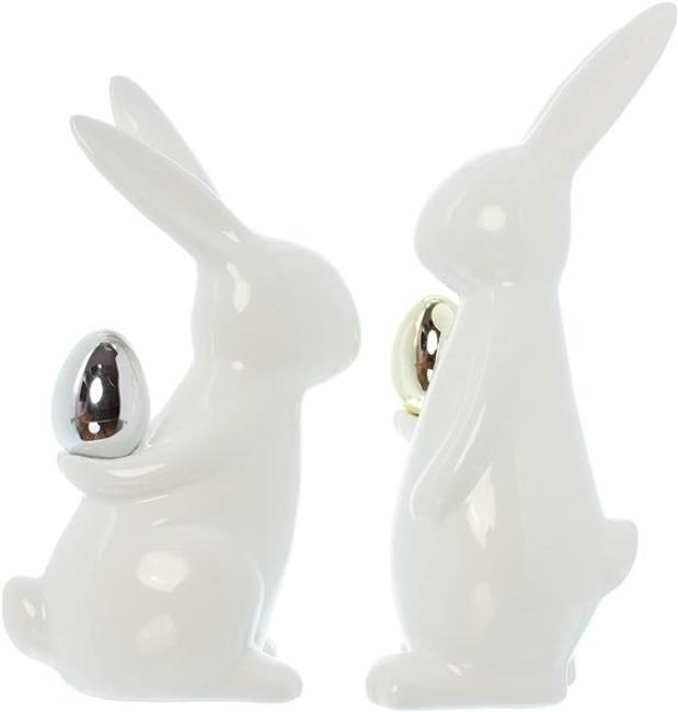 Preview: 2x Osterhase "Classical" aus Porzellan, weiß mit Osterei in gold & silber, Hasen 20 + 23 cm hoch, Dekofigur, Dekohase
