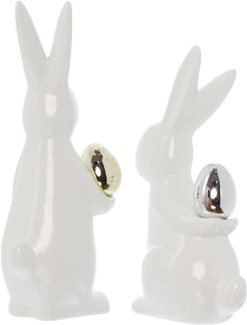 2x Osterhase "Classical" aus Porzellan, weiß mit Osterei in gold & silber, Hasen 20 + 23 cm hoch, Dekofigur, Dekohase
