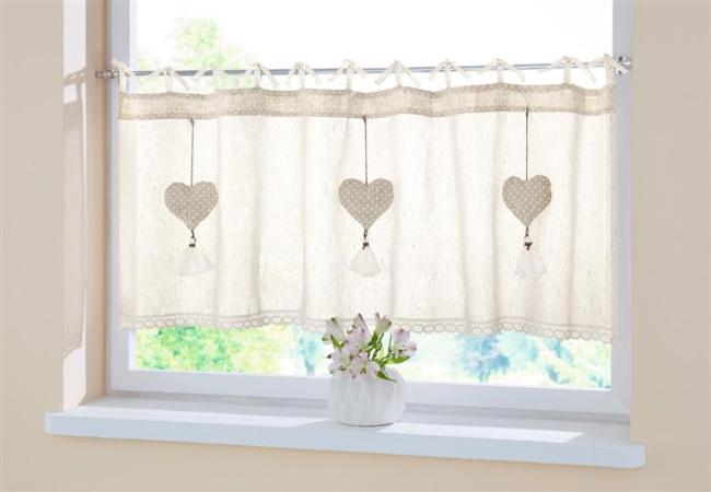 Preview: Fenstervorhang "Herzhänger" 45x140 cm, creme, mit Häkelborte, Scheibengardine, Bistrogardine