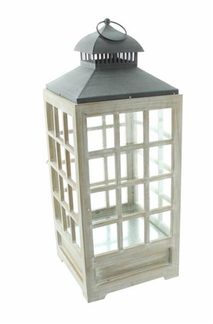 Preview: große Laterne "Landhaus" aus Holz, weiß, 63 cm hoch, mit Sprossenfenstern und Schublade, Bodenlaterne, Windlicht, Kerzenlaterne, Holzlaterne