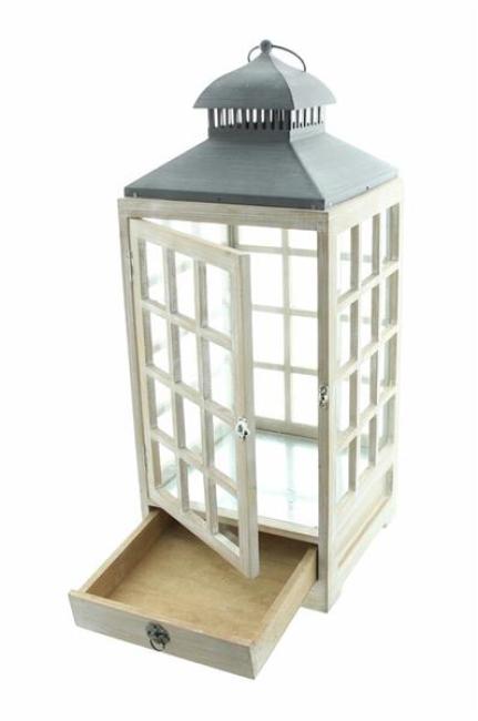 große Laterne "Landhaus" aus Holz, weiß, 63 cm hoch, mit Sprossenfenstern und Schublade, Bodenlaterne, Windlicht, Kerzenlaterne, Holzlaterne