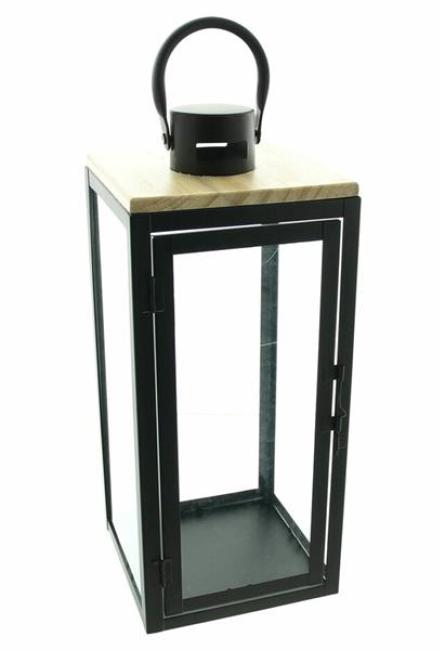 Preview: Laterne "Modern" aus Metall, Holz & Glas, 38 cm hoch, Bodenlaterne, Windlicht, Kerzenlaterne, Metalllaterne