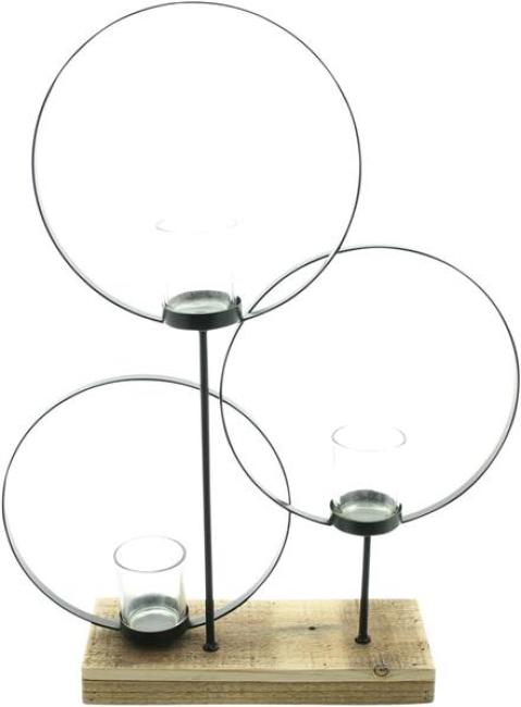 Preview: Windlicht "Ringe" aus Metall, schwarz, mit Sockel aus recyceltem Holz, 3 Teelichtgläser, Teelichthalter, Windlichtglas