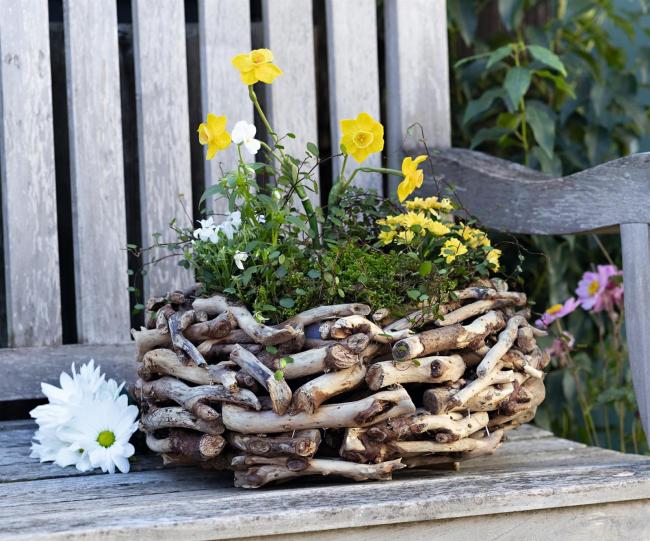 Pflanzer aus Treibholz rund, Ø 38 cm, Pflanzschale, Blumentopf, Pflanztopf, Pflanzgefäß, Gartendeko für Draußen