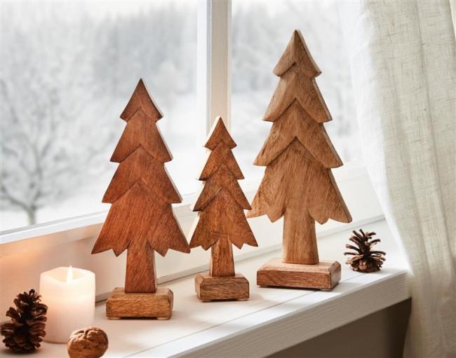 Preview: 3er Set Tannenbäme aus Mangoholz, 20 cm, 25 cm und 30 cm hoch, Tannenbaum, Dekofigur Tanne, Holzdeko