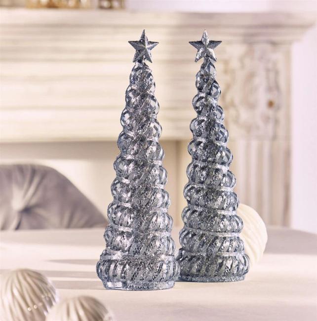 2x Tanne "Silberglitzer" aus Metall, 30 cm hoch, Dekokegel, Weihnachtsdeko