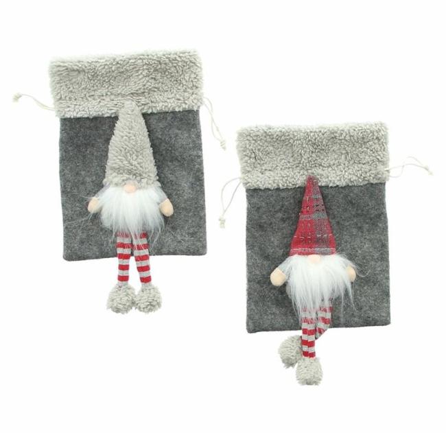 Preview: 2x Geschenkbeutel "Wichtel" aus Teddystoff & Filz, grau, 14x18 cm