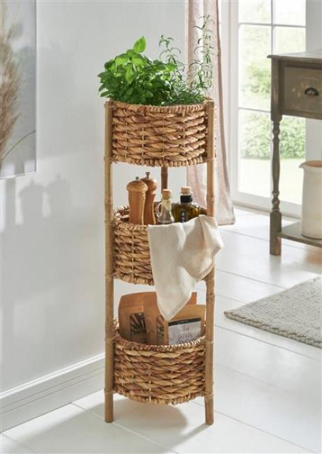 Preview: Standregal aus Bambus mit 3 Körben aus Wasserhyazinzthe, 90 cm hoch, Badregal, Küchenregal
