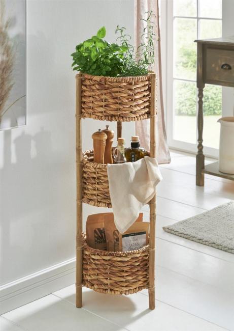 Standregal aus Bambus mit 3 Körben aus Wasserhyazinzthe, 90 cm hoch, Badregal, Küchenregal